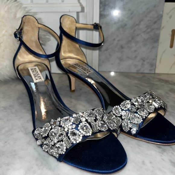 BADGLEY Mischka Lara Crystal Dress Sandal Navy Satin Size 9.5 - Picture 2 of 14